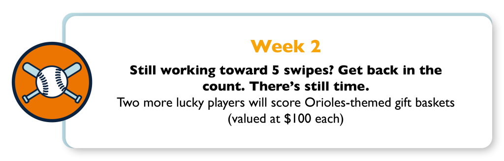 Week 2 - Still working toward 5 swipes? Get back in the count. There's still time. Two more lucky players will score Orioles-themed gift baskets (valued at $100 each)